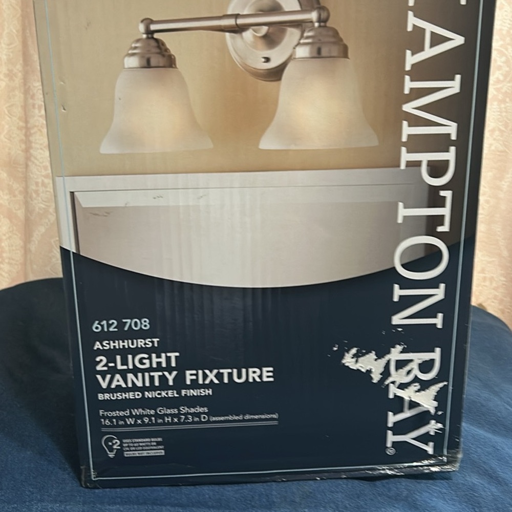 New in box! Brushed Nickel 2-Light Vanity Fixture.